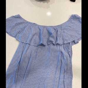 Blue striped ruffle off the shoulder dress